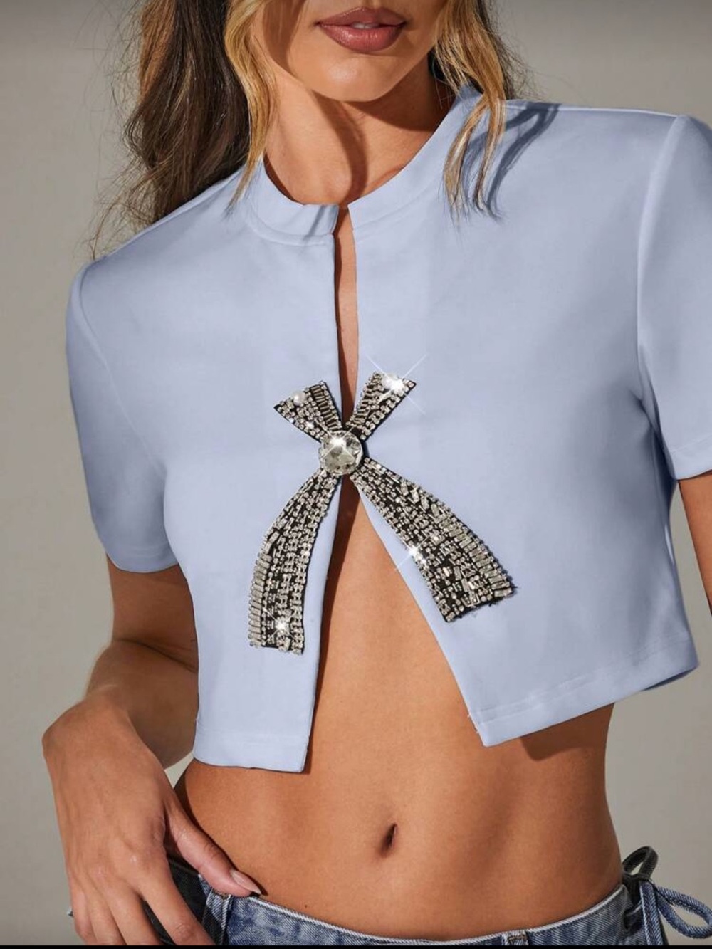 Embellished Light Blue Crop Top with Front Bow Accent